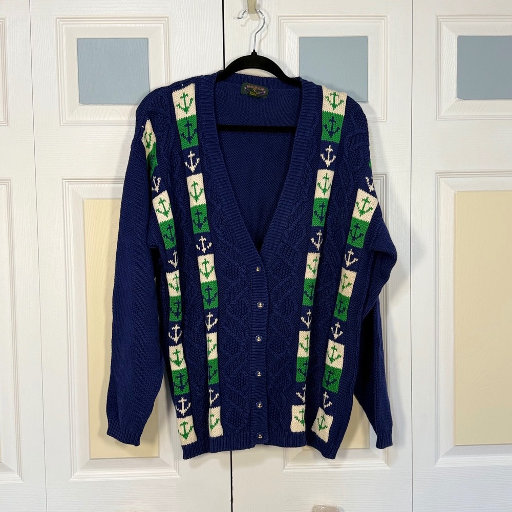 Charter Club Vintage Nautical Anchor Cable Knit Cardigan Navy Blue Green Medium